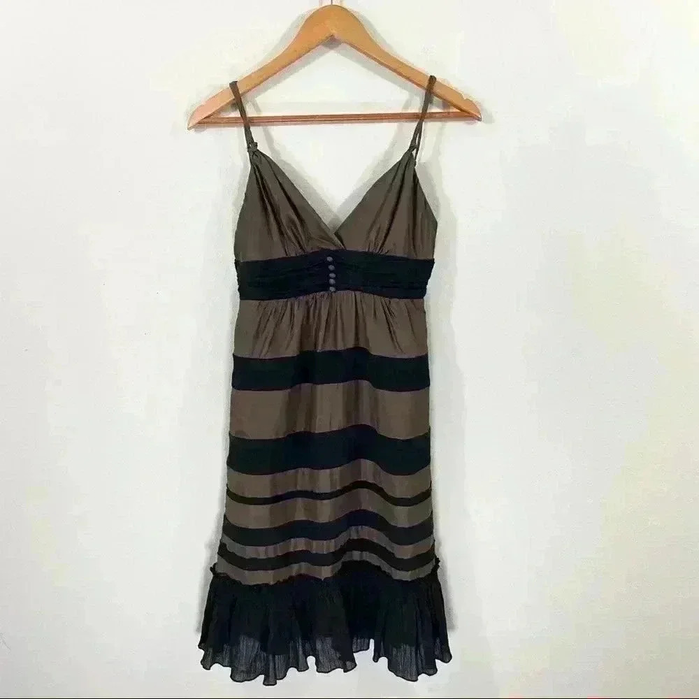 BCBG brown dress with black bands and ruffles
